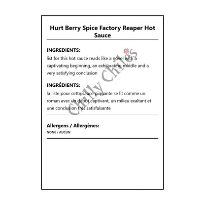 Hurt Berry Spice Factory  Reaper Hot Sauce - Bilingual Ingredients
