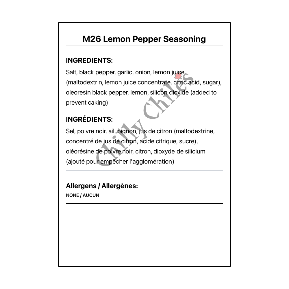 M26 Lemon Pepper Seasoning - Bilingual Ingredients