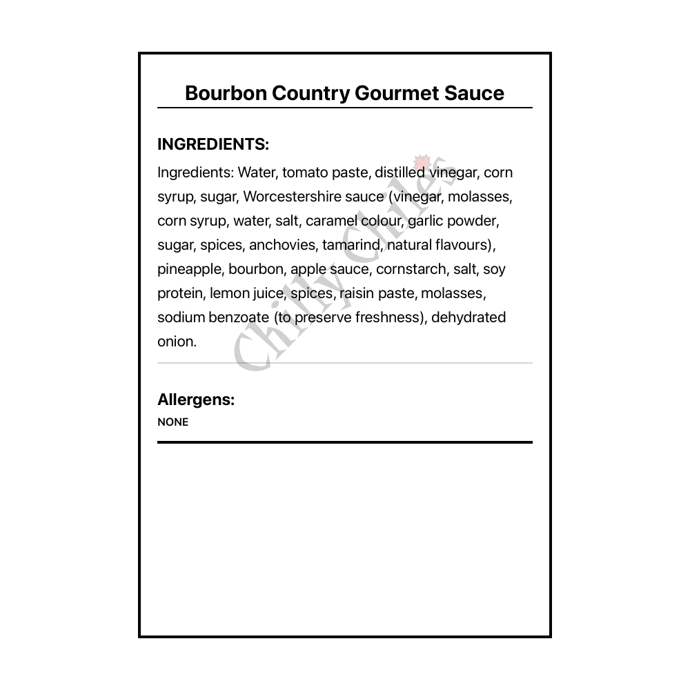 Bourbon Country Gourmet Sauce - Bilingual Ingredients