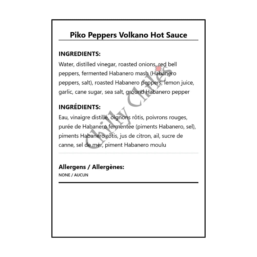 Piko Peppers Volkano Hot Sauce - Bilingual Ingredients