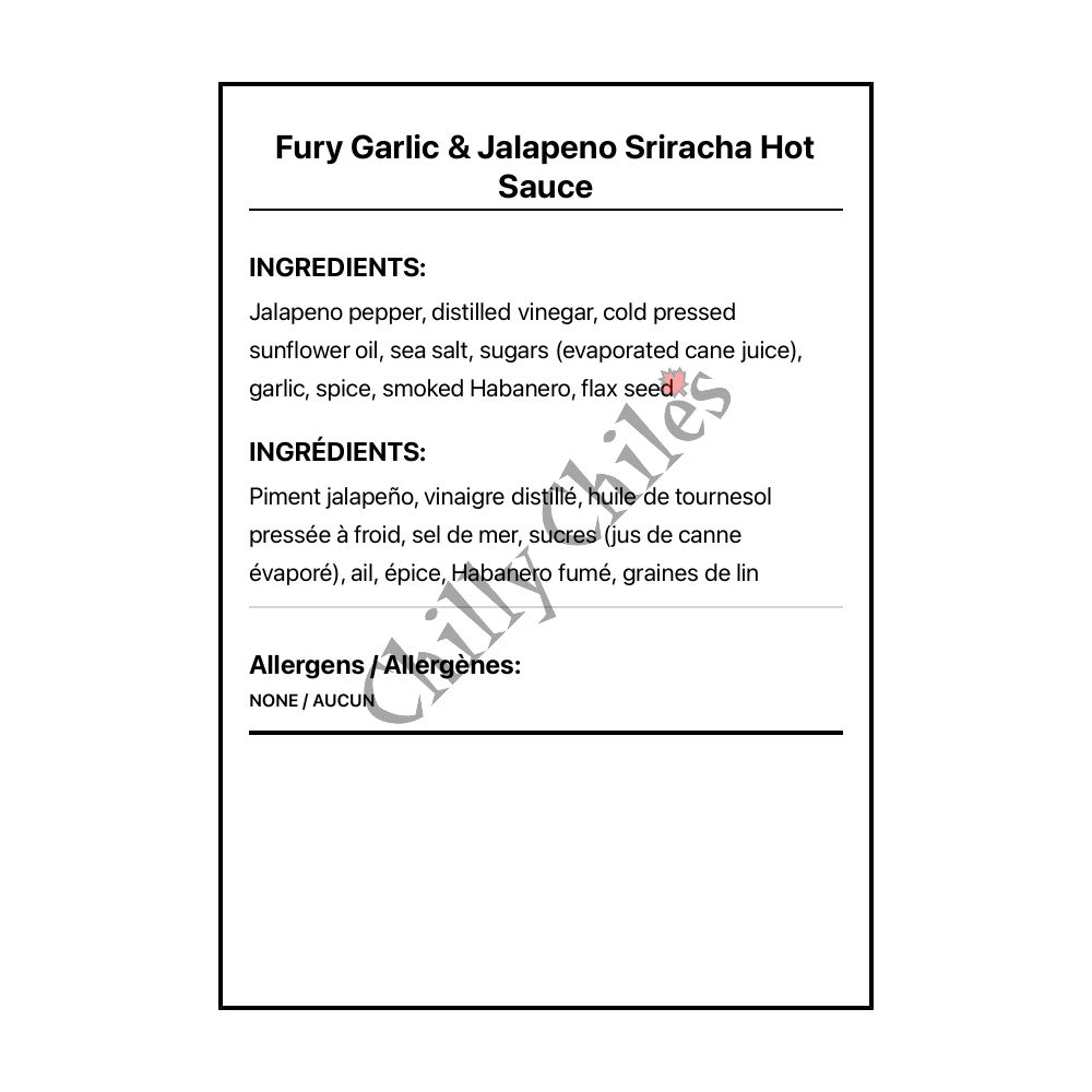 Fury Garlic & Jalapeno Sriracha Hot Sauce - Canadian Nutrition Facts