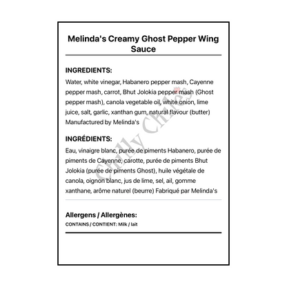 Melinda's Creamy Ghost Pepper Wing Sauce - Bilingual Ingredients