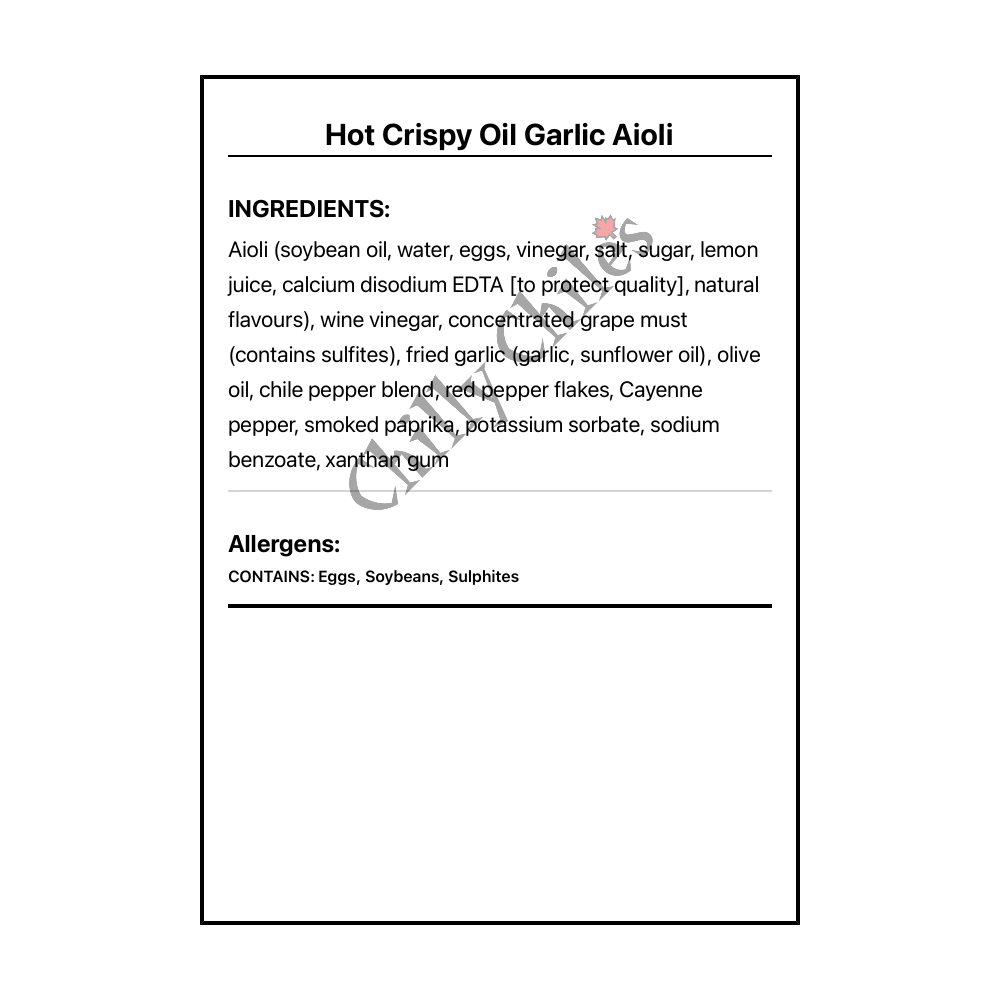 Hot Crispy Oil Garlic Aioli - Bilingual Ingredients