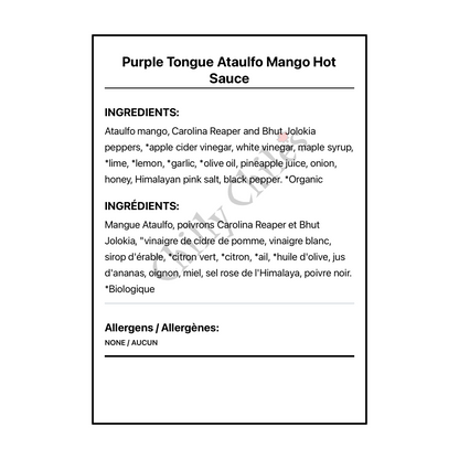 Purple Tongue Ataulfo Mango Hot Sauce - Bilingual Ingredients
