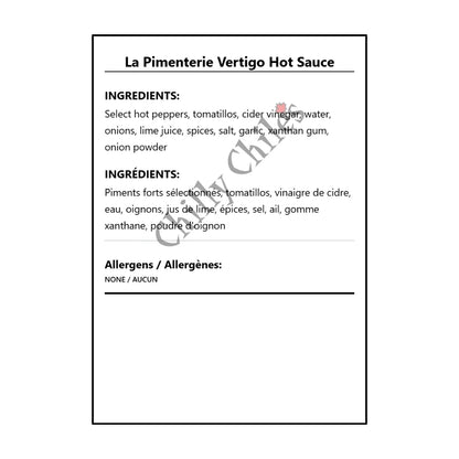 La Pimenterie Vertigo Hot Sauce - Bilingual Ingredients