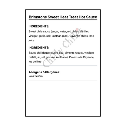 Brimstone Sweet Heat Treat Hot Sauce - Bilingual Ingredients