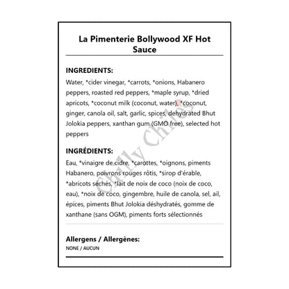 La Pimenterie Bollywood XF Hot Sauce - Bilingual Ingredients