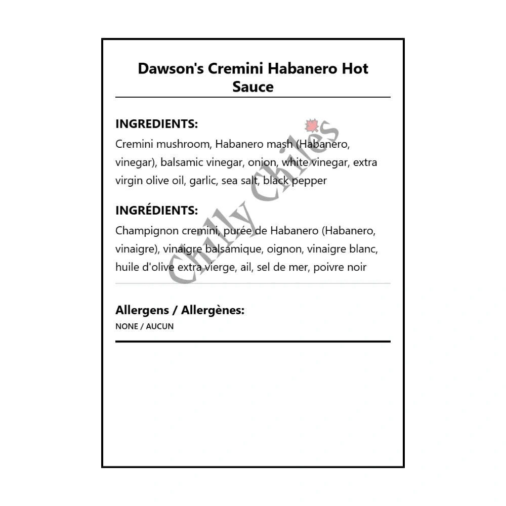 Dawson's Cremini Habanero Hot Sauce - Bilingual Ingredients