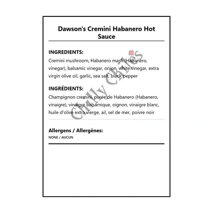 Dawson's Cremini Habanero Hot Sauce - Bilingual Ingredients