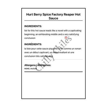 Hurt Berry Spice Factory  Reaper Hot Sauce - Canadian Nutrition Facts