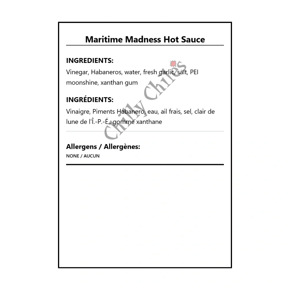 Maritime Madness Hot Sauce - Bilingual Ingredients