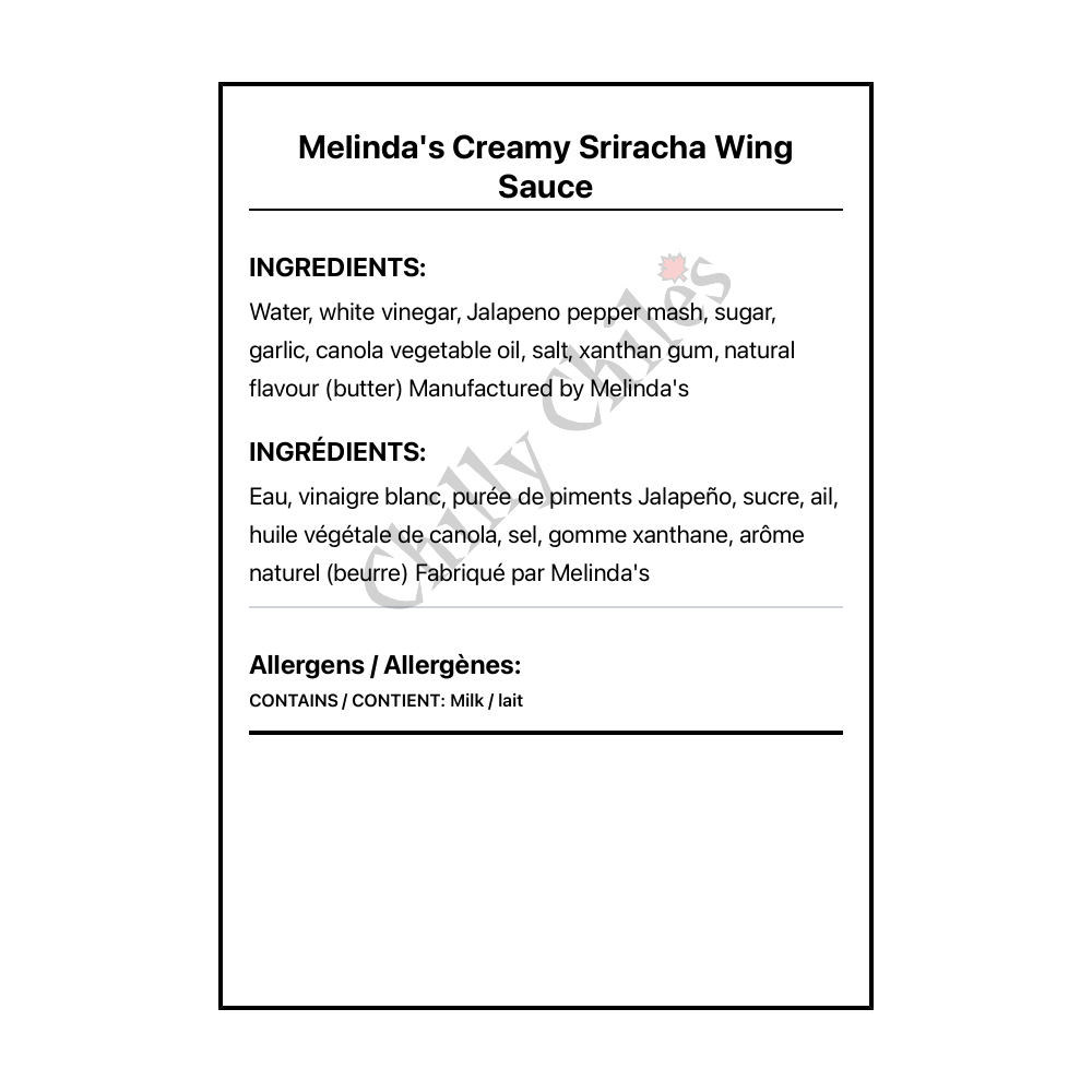 Melinda's Creamy Sriracha Wing Sauce - Bilingual Ingredients