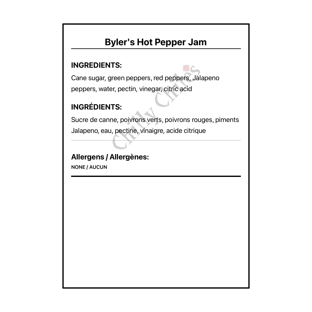 Byler's Hot Pepper Jam - Bilingual Ingredients