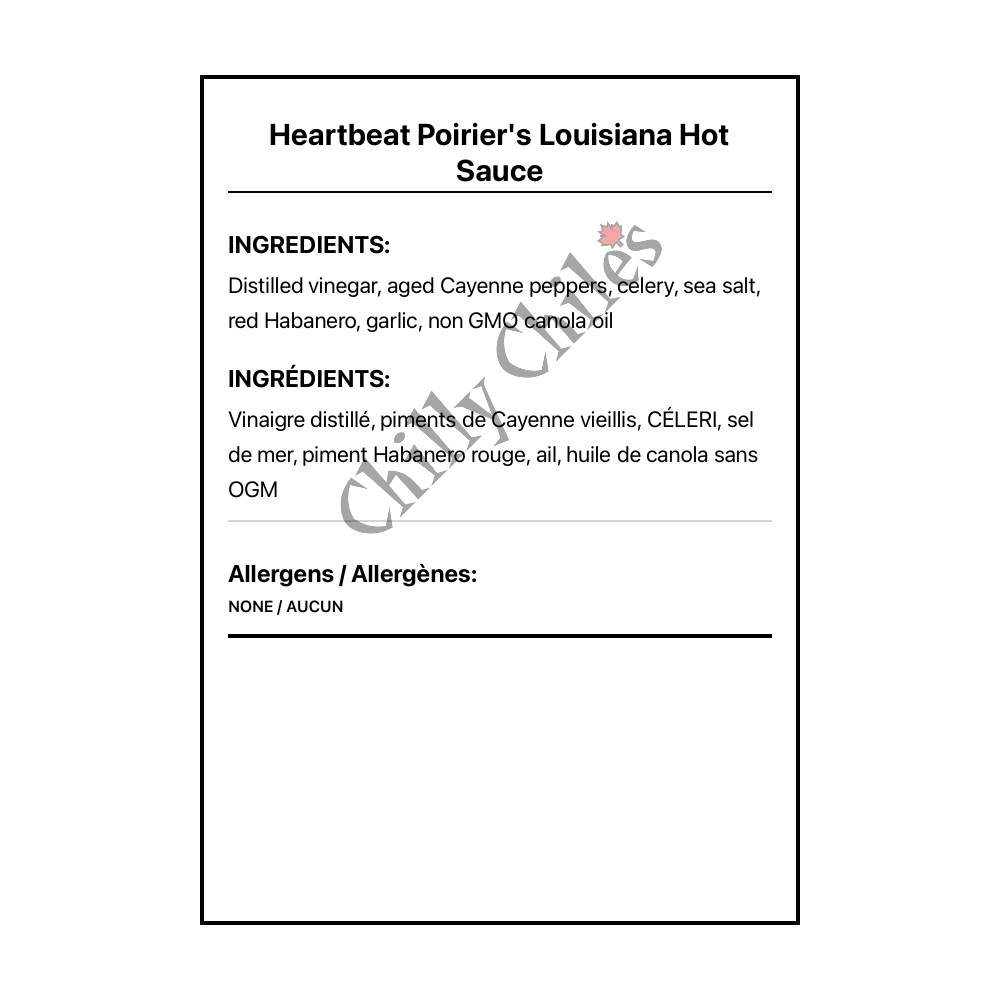 Heartbeat Poirier's Louisiana Hot Sauce - Bilingual Ingredients