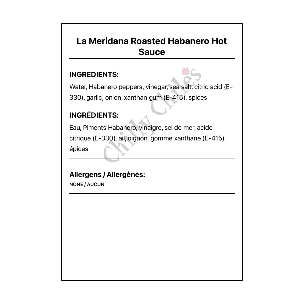 La Meridana Roasted Habanero Hot Sauce - Bilingual Ingredients