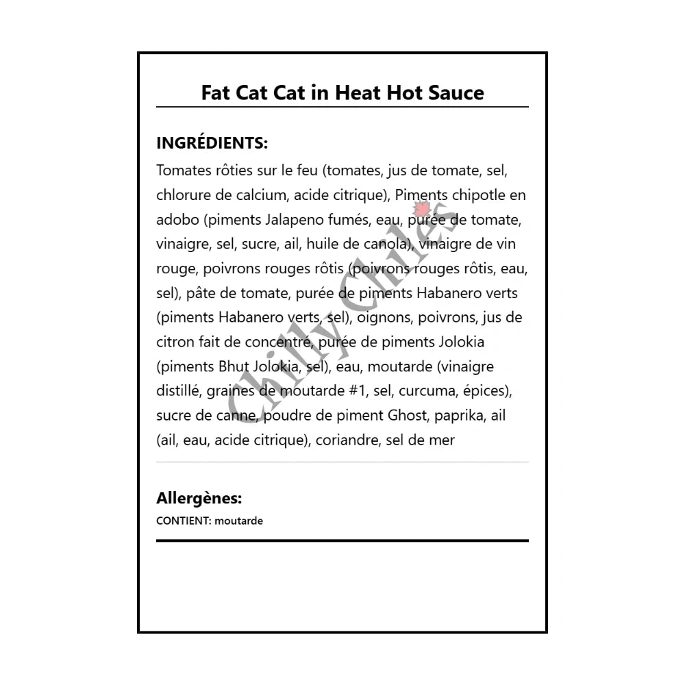 Fat Cat Cat in Heat Hot Sauce - Ingrédients Français