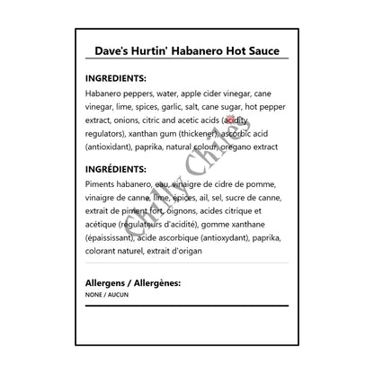Dave's Hurtin' Habanero Hot Sauce - Bilingual Ingredients