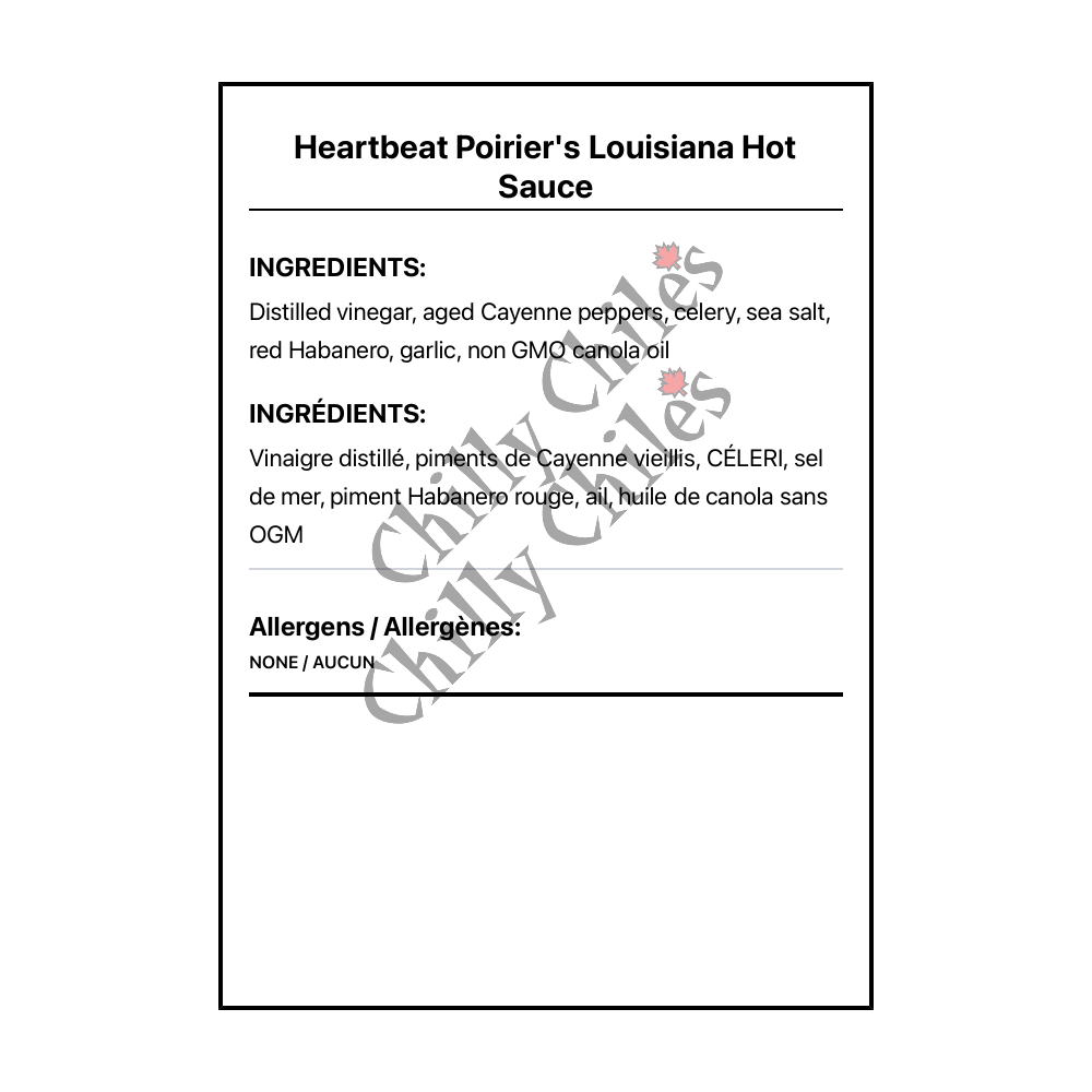 Heartbeat Poirier's Louisiana Hot Sauce - Canadian Nutrition Facts