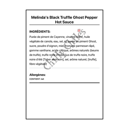 Melinda's Black Truffle Ghost Pepper Hot Sauce - Ingrédients Français