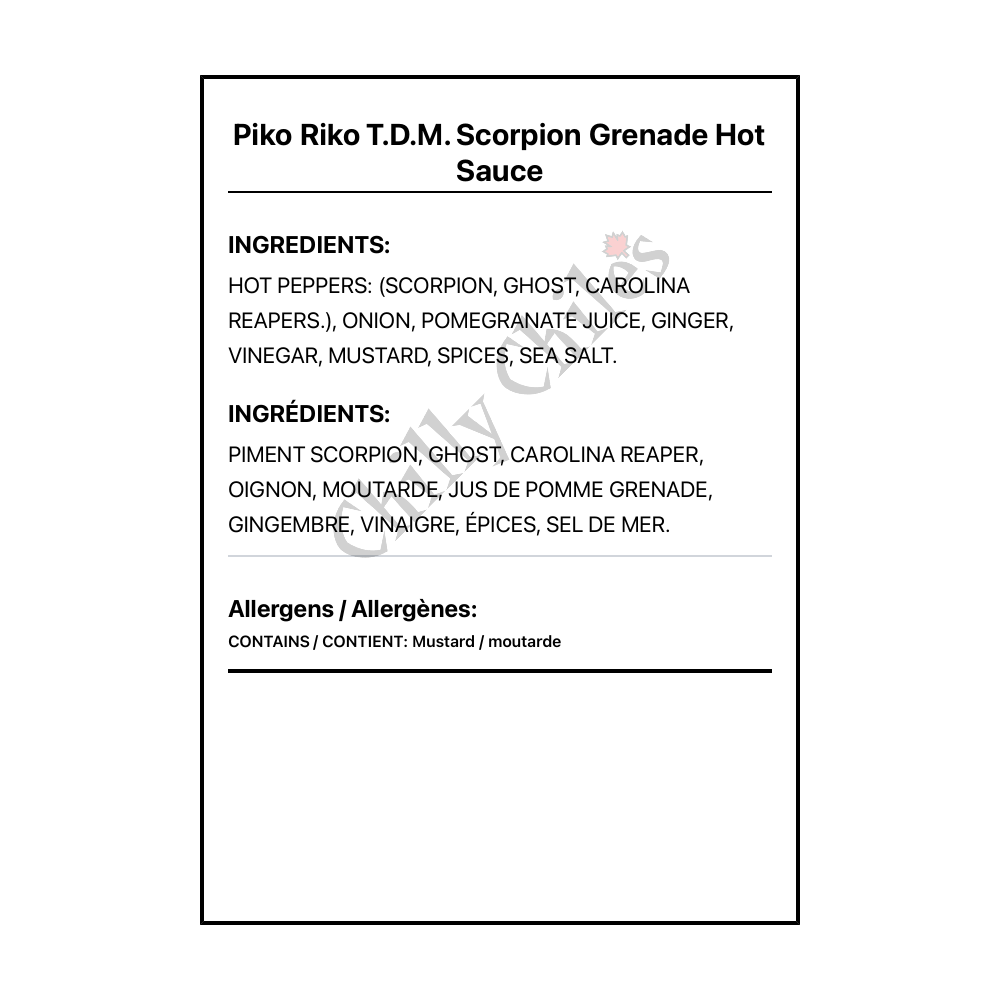 Piko Riko T.D.M. Scorpion Grenade Hot Sauce - Bilingual Ingredients