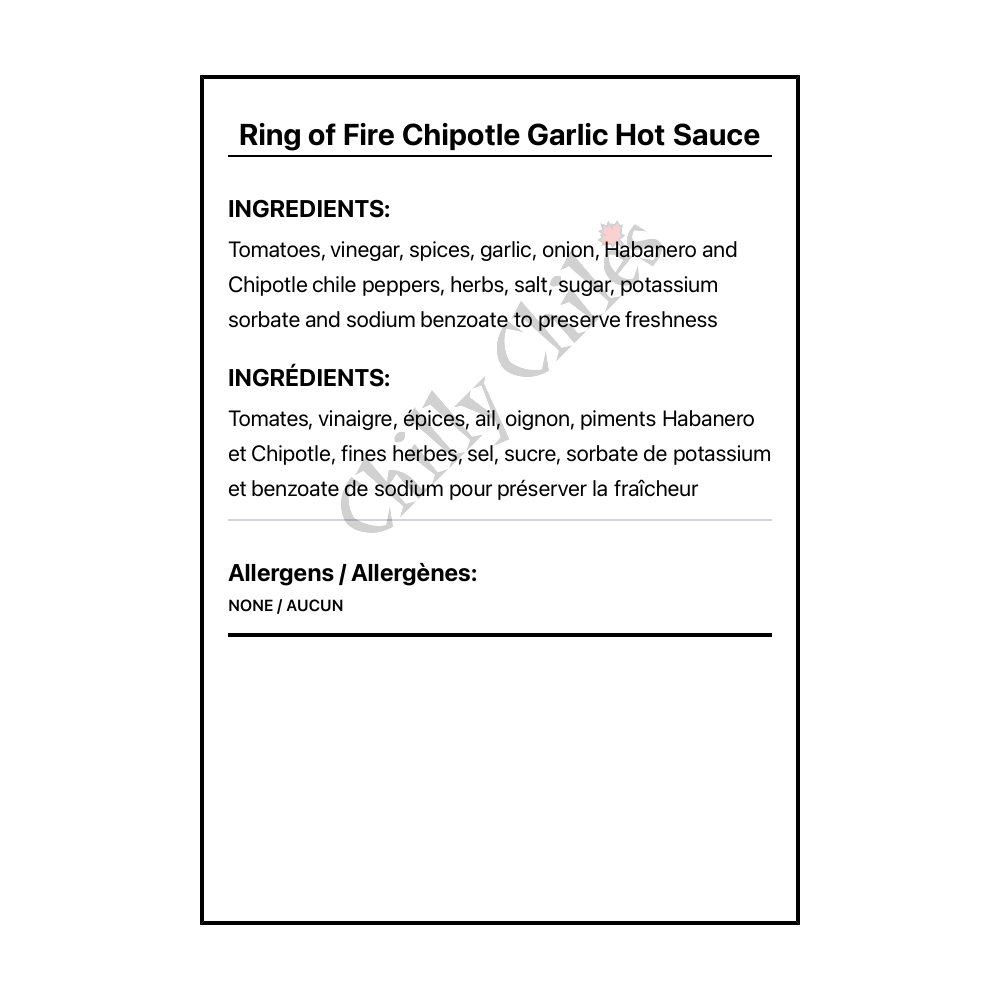 Ring of Fire Chipotle Garlic Hot Sauce - Bilingual Ingredients