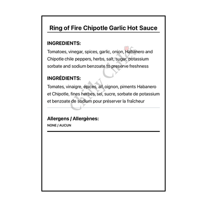 Ring of Fire Chipotle Garlic Hot Sauce - Bilingual Ingredients