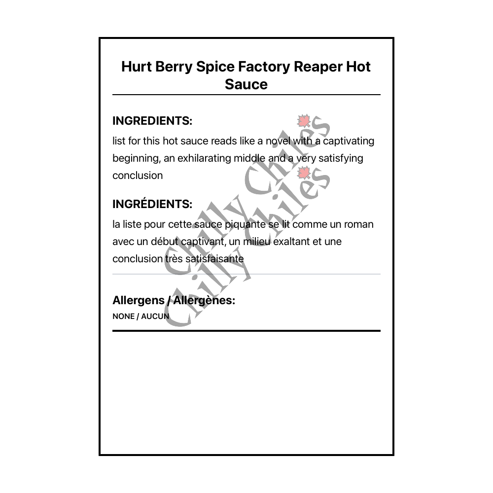 Hurt Berry Spice Factory  Reaper Hot Sauce - Bilingual Ingredients
