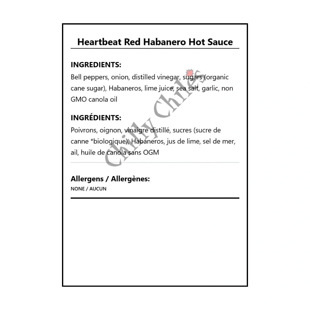 Heartbeat Red Habanero Hot Sauce - Bilingual Ingredients