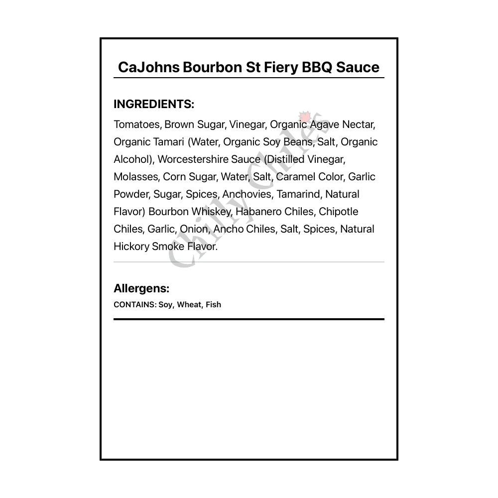 CaJohns Bourbon St Fiery BBQ Sauce - Bilingual Ingredients