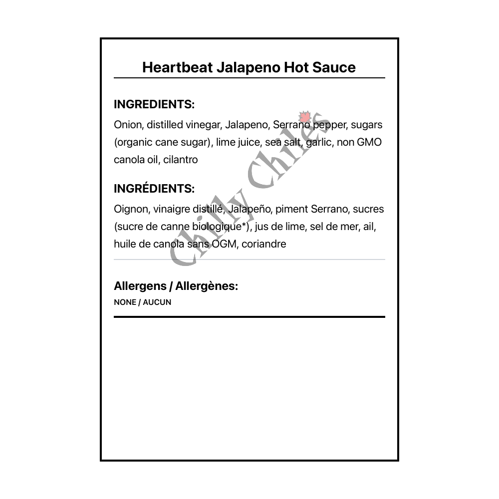 Heartbeat Jalapeno Hot Sauce - Bilingual Ingredients