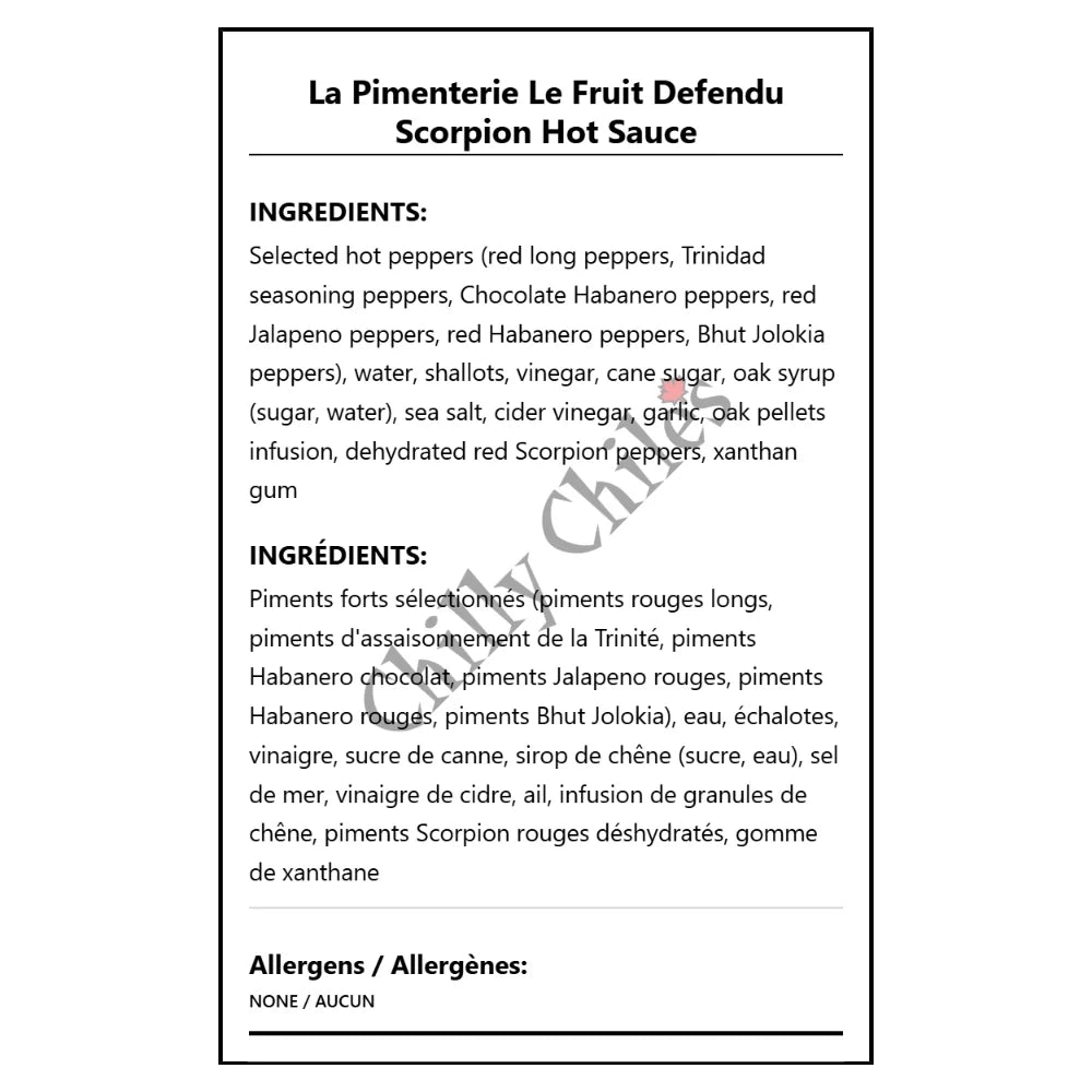 La Pimenterie Le Fruit Defendu Scorpion Hot Sauce - Bilingual Ingredients