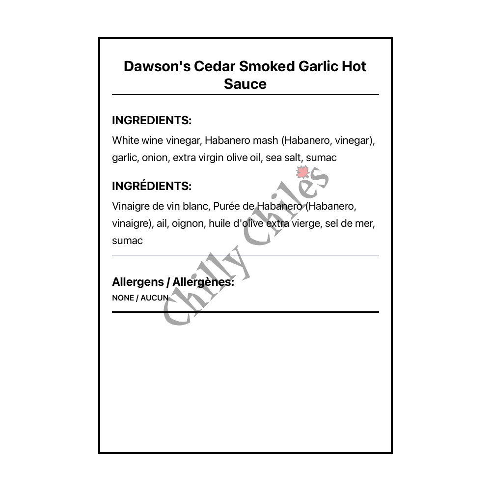 Dawson's Cedar Smoked Garlic Hot Sauce - Canadian Nutrition Facts