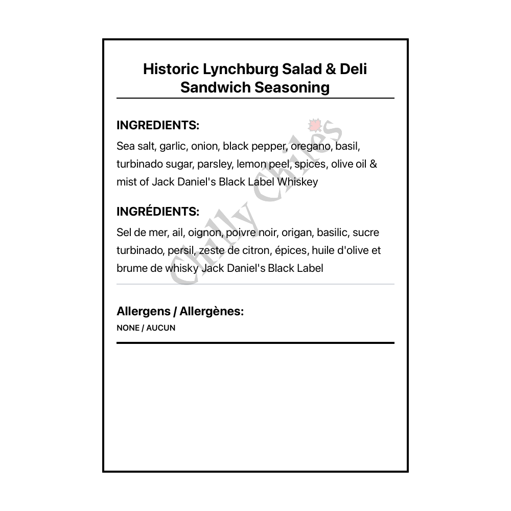 Historic Lynchburg Salad & Deli Sandwich Seasoning - Bilingual Ingredients