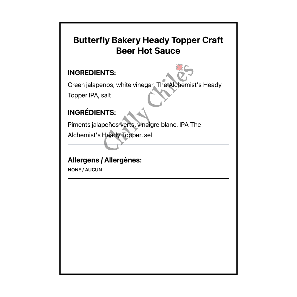Butterfly Bakery Heady Topper Craft Beer Hot Sauce - Bilingual Ingredients