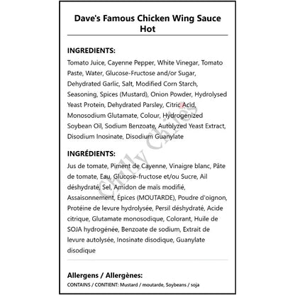 Dave’s Famous Chicken Wing Sauce Hot - Wing Sauce