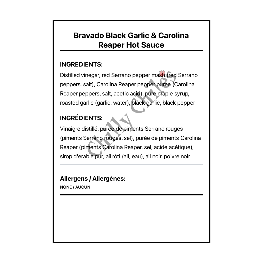 Bravado Black Garlic & Carolina Reaper Hot Sauce - Bilingual Ingredients