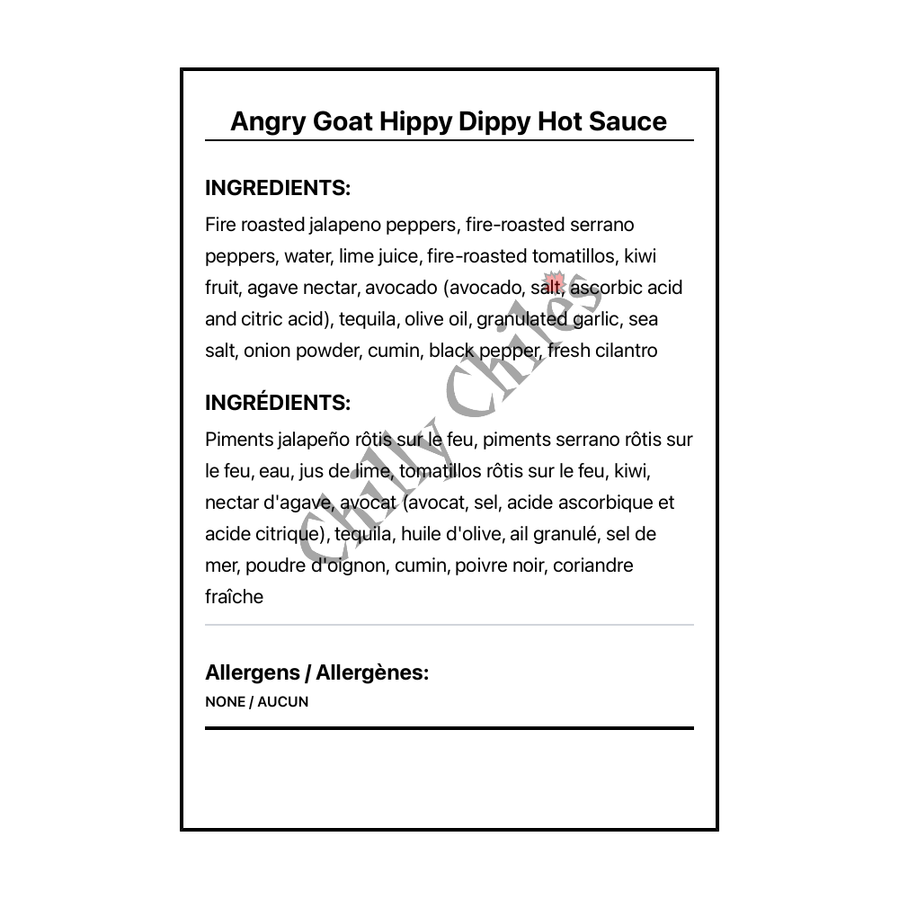 Angry Goat Hippy Dippy Hot Sauce - Bilingual Ingredients