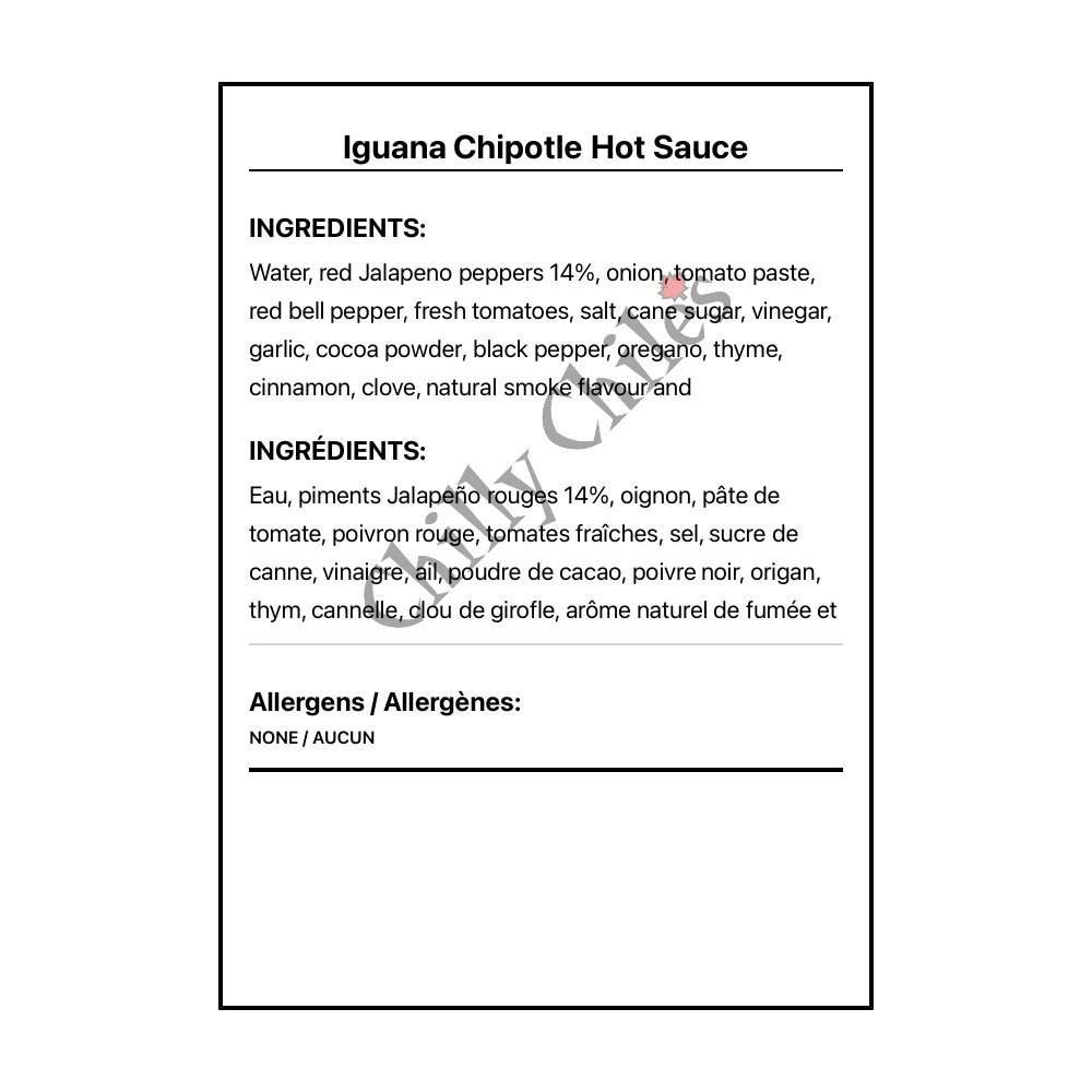 Iguana Chipotle Hot Sauce - Bilingual Ingredients