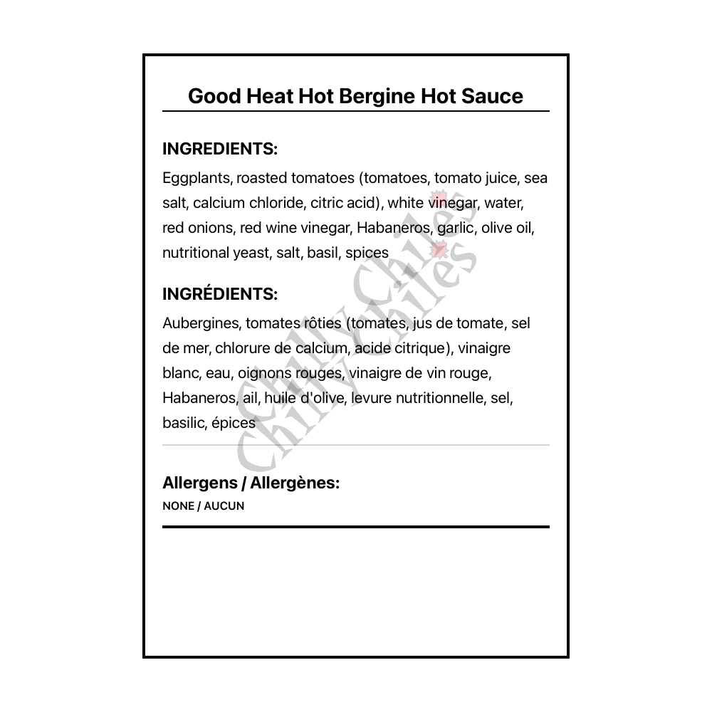 Good Heat Hot Bergine Hot Sauce - Canadian Nutrition Facts