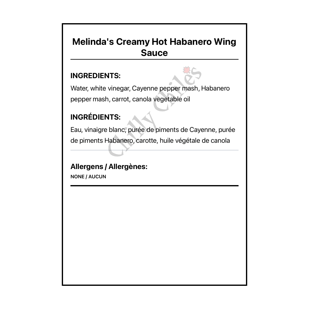 Melinda's Creamy Hot Habanero Wing Sauce - Bilingual Ingredients