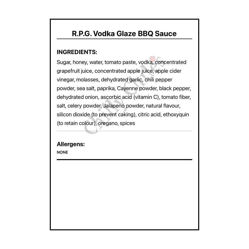 R.P.G. Vodka Glaze BBQ Sauce - Bilingual Ingredients