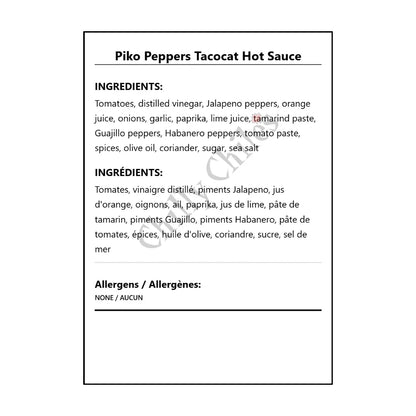 Piko Peppers Tacocat Hot Sauce - Bilingual Ingredients