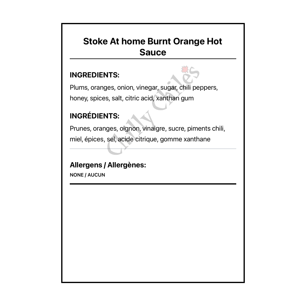 Stoke At home Burnt Orange Hot Sauce - Bilingual Ingredients